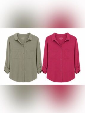 LOFT Softened Button Front Blouse Bundle | Medium | Sage Green & Raspberry Pink